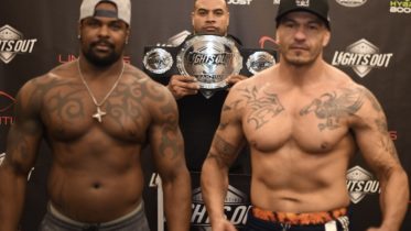 LXF Heavyweight Champion Jay Silva and Michael Quintero with LXF promoter Shawne Merriman at the LXF 4 weigh-ins in Burbank, CA (November 14th, 2019 - Courtesy of Lights Out Xtreme Fighting))